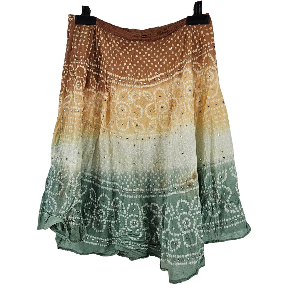 Boho Ombre Bandhani Sequin Cotton Maxi Skirt Earthy Fairy Flowy Festival XL